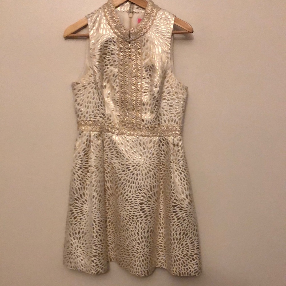 Lilly Pulitzer Franci Dress Lagoon Jacquard Gold Metallic Size 8